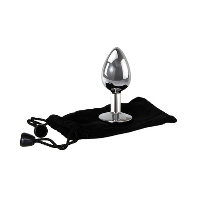 Polished aluminum anal plug with flared base and pink jewel, displayed on a black velvet drawstring pouch.