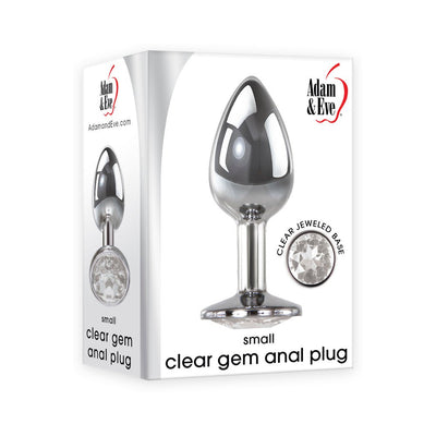 Small polished aluminum anal plug with clear jeweled base in retail packaging by Adam & Eve.