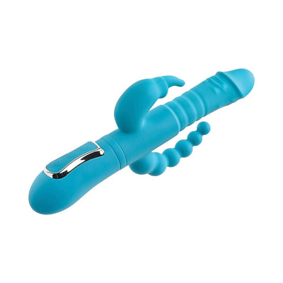 Teal triple-stimulation rabbit vibrator with textured shaft, clitoral stimulator, and beaded anal attachment.