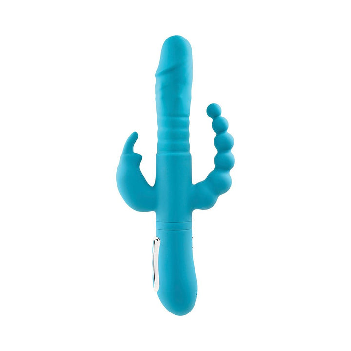 Teal triple-stimulation rabbit vibrator with three shafts for versatile internal and external pleasure.