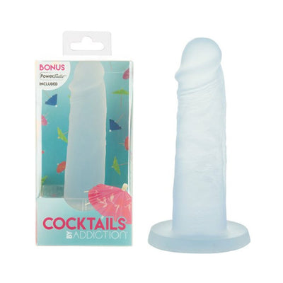 Blue translucent silicone dong with suction base next to its tropical-themed packaging from Addiction Cocktails collection.
