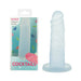 Blue translucent silicone dong with suction base next to its tropical-themed packaging from Addiction Cocktails collection.