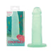 Mint green silicone adult toy with suction base next to its packaging featuring tropical umbrella design and bonus PowerBullet label.