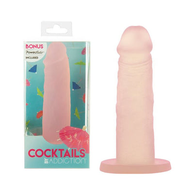 Peach-colored silicone adult toy with suction base next to its colorful Cocktail by Addiction packaging.