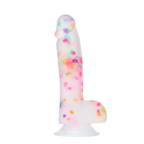 Frosted silicone dildo with rainbow confetti design, realistic texture, and suction cup base for versatile use.