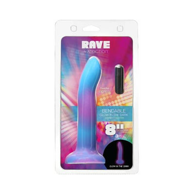 Packaging of Addiction Rave Dong 8-inch in purple and blue gradient with glow-in-the-dark feature and bonus PowerBullet vibrator.