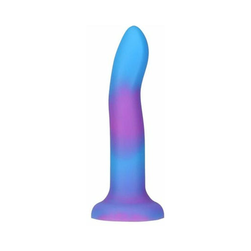 Blue and purple bendable silicone dong with suction base from Addiction Rave collection, 8 inches long.