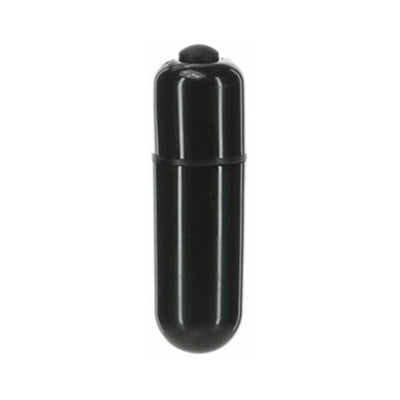 Compact black PowerBullet vibrator with a smooth, cylindrical shape and a push-button on top.