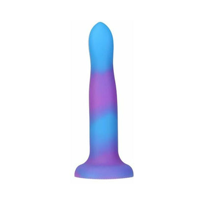 Purple and blue glow-in-the-dark silicone dong with a tapered tip and suction base, 8 inches long.