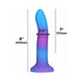 Blue and purple silicone dong with suction base, showing 8-inch length and 1.4-inch diameter measurements.