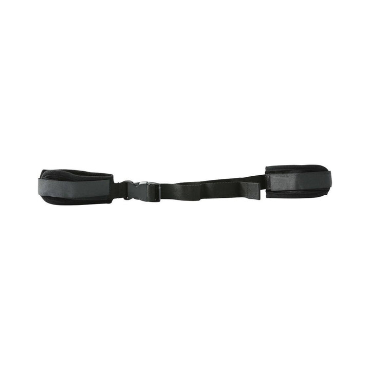 Black adjustable handcuffs with padded cuffs connected by a nylon strap and quick-release buckle.