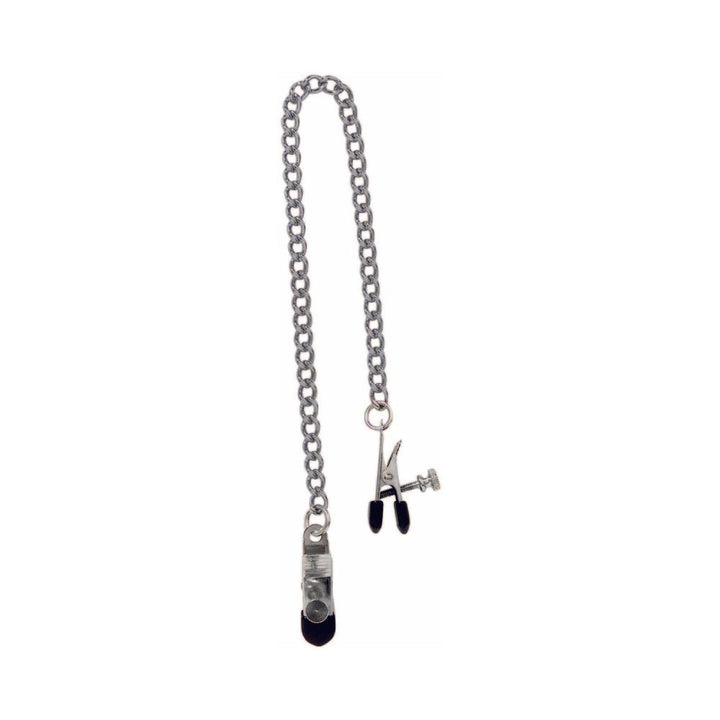 Silver adjustable nipple clamps connected by a curved metal chain with black rubber tips for comfort.
