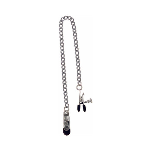 Silver adjustable nipple clamps connected by a curved metal chain with black rubber tips for comfort.
