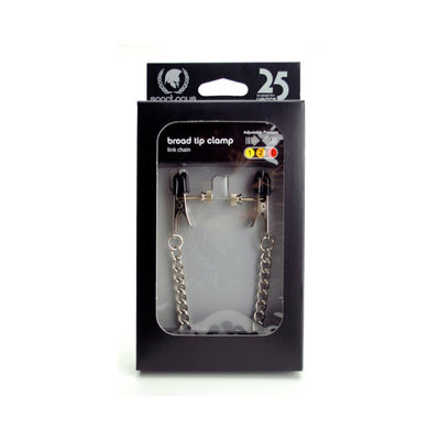 Adjustable broad tip nipple clamps with curved silver chain in black and clear retail packaging.