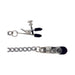 Silver adjustable nipple clamps with black tips connected by a curved silver chain on white background.