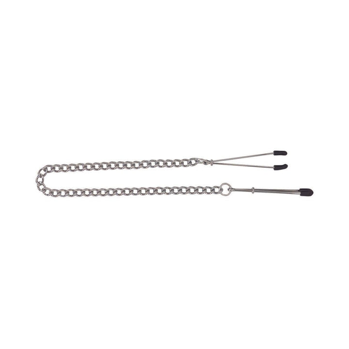 Adjustable metal tweezer clamps connected by a silver link chain with black rubber tips on a white background.