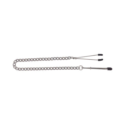 Adjustable metal tweezer clamps connected by a silver link chain with black rubber tips on a white background.