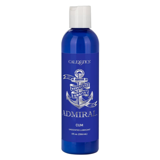 Blue 8 oz bottle of Admiral Cum unscented water-based lubricant with white anchor design and flip cap.