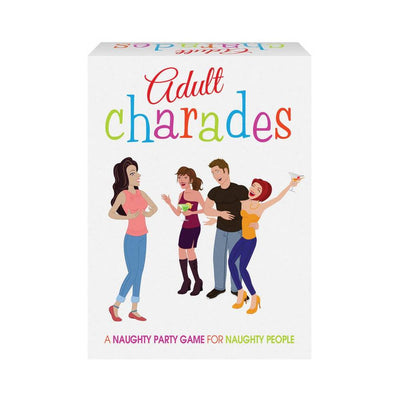 Box of Adult Charades party game featuring colorful text and cartoon adults having fun at a social gathering.