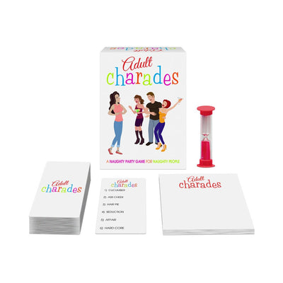 Adult Charades party game box with colorful logo, charade cards, scorepad, and red sand timer on white background.