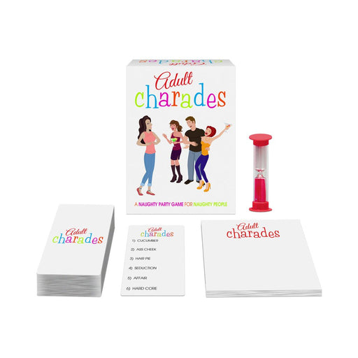 Adult Charades party game box with colorful logo, charade cards, scorepad, and red sand timer on white background.