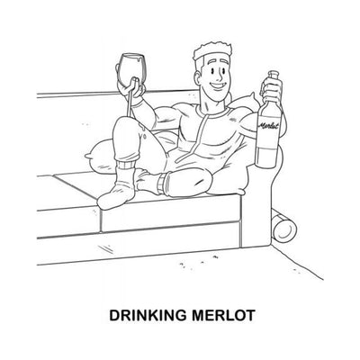 Black and white coloring book illustration of a relaxed person on a couch holding a glass and bottle of Merlot wine titled Drinking Merlot