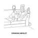 Black and white coloring book illustration of a relaxed person on a couch holding a glass and bottle of Merlot wine titled Drinking Merlot