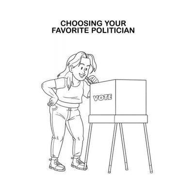 Adult coloring book page showing a woman humorously choosing her favorite politician at a voting booth.