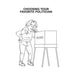 Adult coloring book page showing a woman humorously choosing her favorite politician at a voting booth.