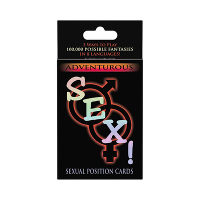 Black box packaging for Adventurous Sex Card Game featuring colorful gender symbols and text highlighting 3 ways to play and 100,000 possible fantasies.