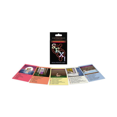 Adventurous Sex Card Game packaging with five illustrated cards showing different sexual positions and descriptions.