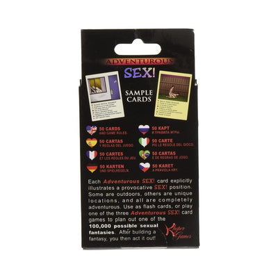 Back of Adventurous Sex Card Game box showing multilingual game details and sample illustrated cards.