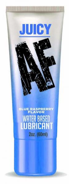 Tube of Juicy AF Blue Raspberry flavored water-based lubricant, 2 oz with blue and white packaging.
