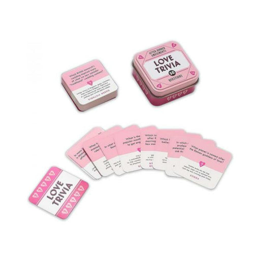 After Dinner Amusements Love Trivia game with pink question cards and a matching tin box for 50 romantic-themed questions.