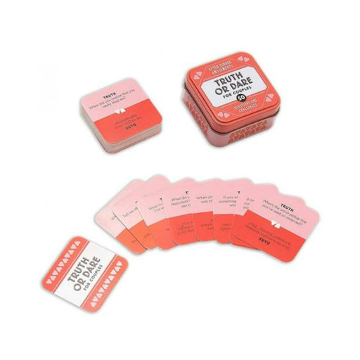 After Dinner Amusements Truth or Dare for Couples game cards and compact tin with playful pink and red design.