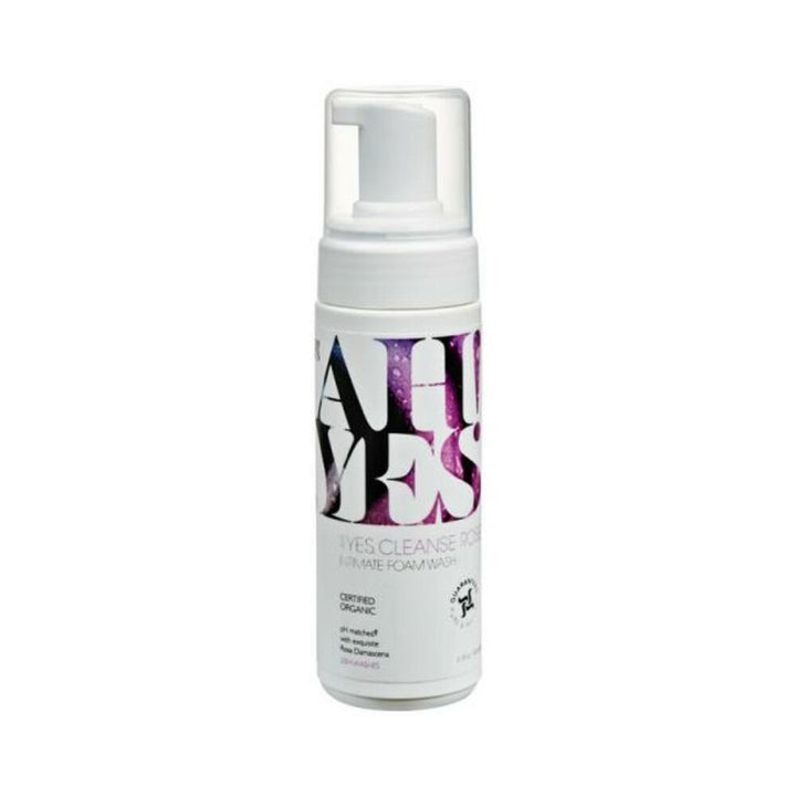 Bottle of AH! YES CLEANSE Rose Scented Intimate Foaming Wash with white pump dispenser and floral label design