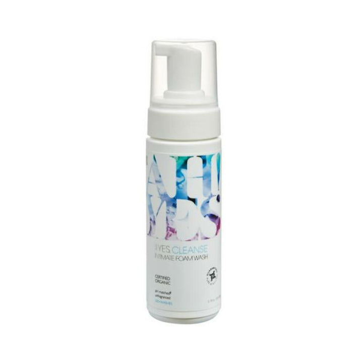 Bottle of AH! YES CLEANSE Unfragranced Intimate Foaming Wash with white pump and colorful label design.