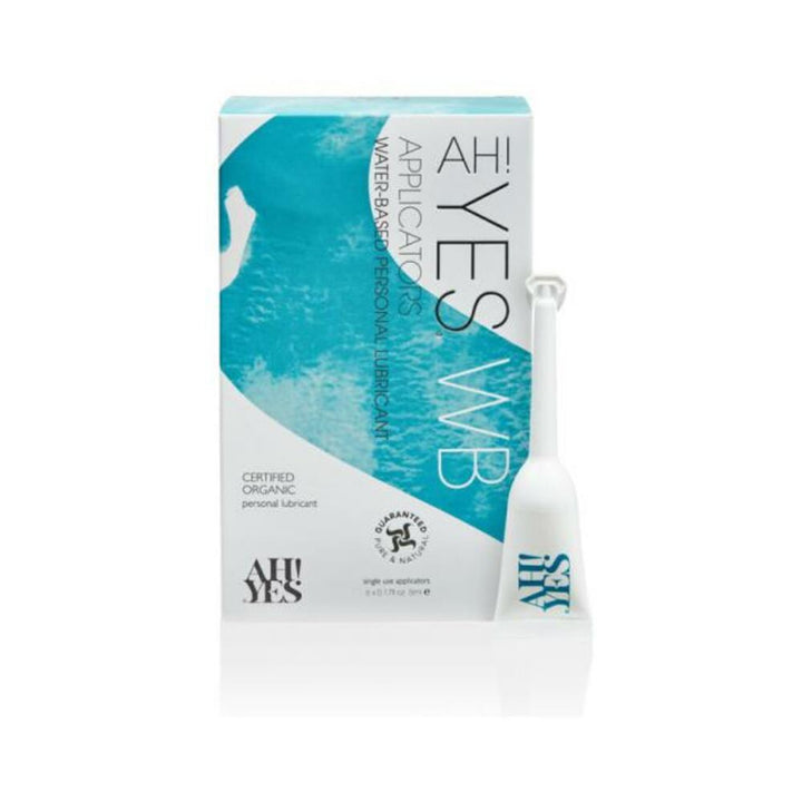 AH! YES 6-pack water-based personal lubricant with applicators in white and blue certified organic packaging