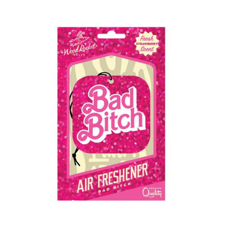 Pink glittery "Bad Bitch" air freshener with fresh strawberry scent in branded packaging with hanging string.