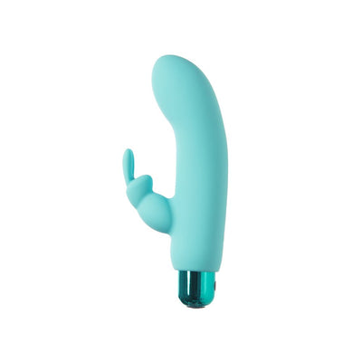 Compact turquoise silicone vibrator with curved tip and small rabbit-shaped clitoral stimulator, USB rechargeable and waterproof design.