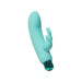 Compact turquoise dual vibrator with removable rabbit sleeve and textured tip, designed for versatile pleasure.