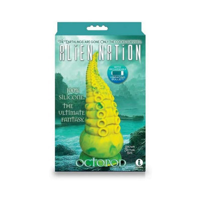 Packaging of Alien Nation Octopod tentacled silicone creature dildo with rechargeable vibrating bullet in yellow and green.