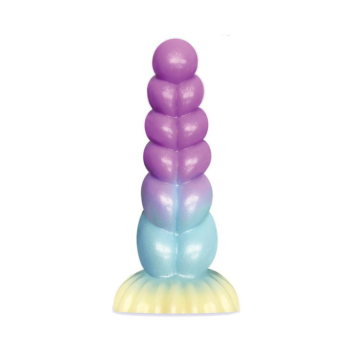 Multicolor Alien Nation Stardust silicone dildo with graduated bubble texture and wide suction base in purple, blue, and yellow gradient.