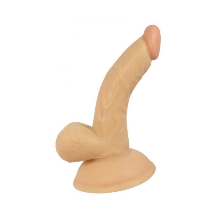 4-inch flesh-colored curved dong with textured balls and suction base for hands-free use.
