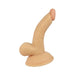 4-inch flesh-colored curved dong with textured balls and suction base for hands-free use.