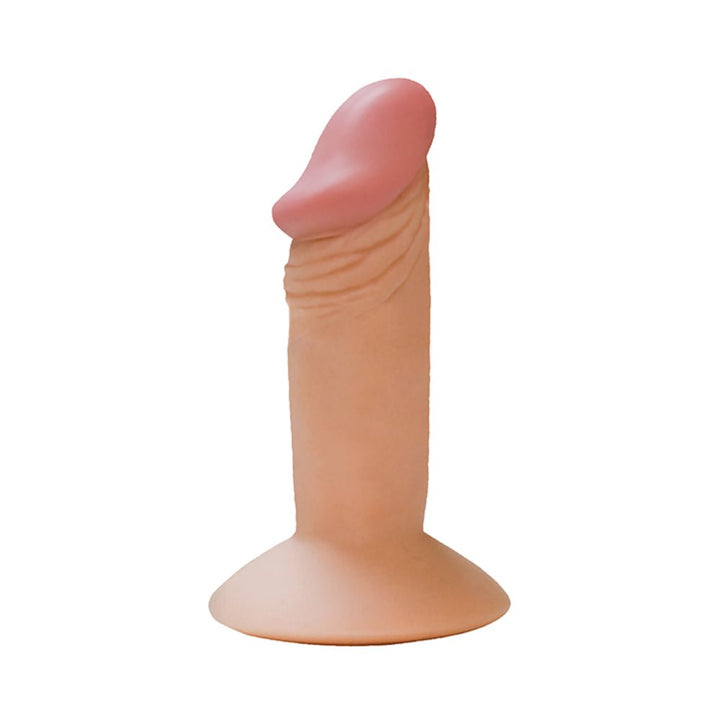 Compact flesh-toned flexible dong with realistic texture and suction cup base for hands-free use.
