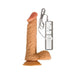 Beige 8-inch realistic vibrating dildo with suction base and wired remote control.