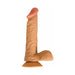 Beige realistic 8-inch vibrating dildo with textured shaft, balls, and suction cup base for hands-free use.