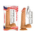 Beige 8-inch vibrating dildo with suction base and wired remote control shown in and out of packaging.