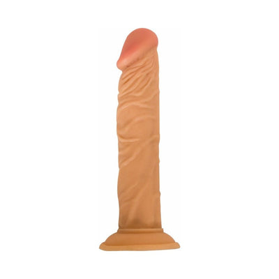 Realistic 8-inch flexible vibrator with veined texture and suction cup base in natural skin tone.